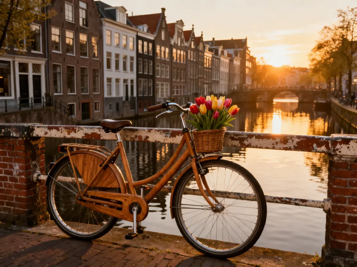 Malowniczy kanał w Amsterdamie o zachodzie słońca z rowerem i tulipanami na tle zabytkowych kamienic.