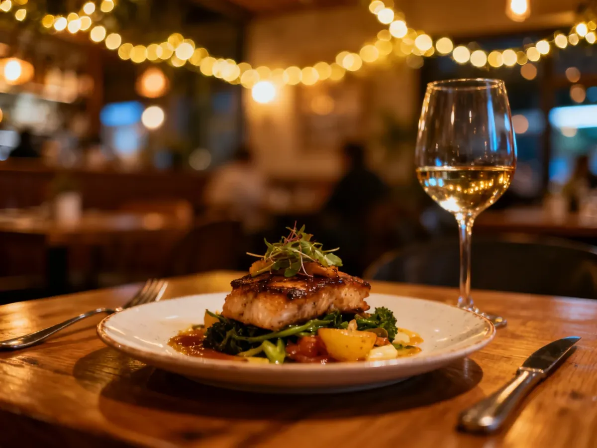 Elegancko nakryty stół z wykwintnym daniem i winem w przytulnej restauracji o ciepłym, wieczornym oświetleniu.