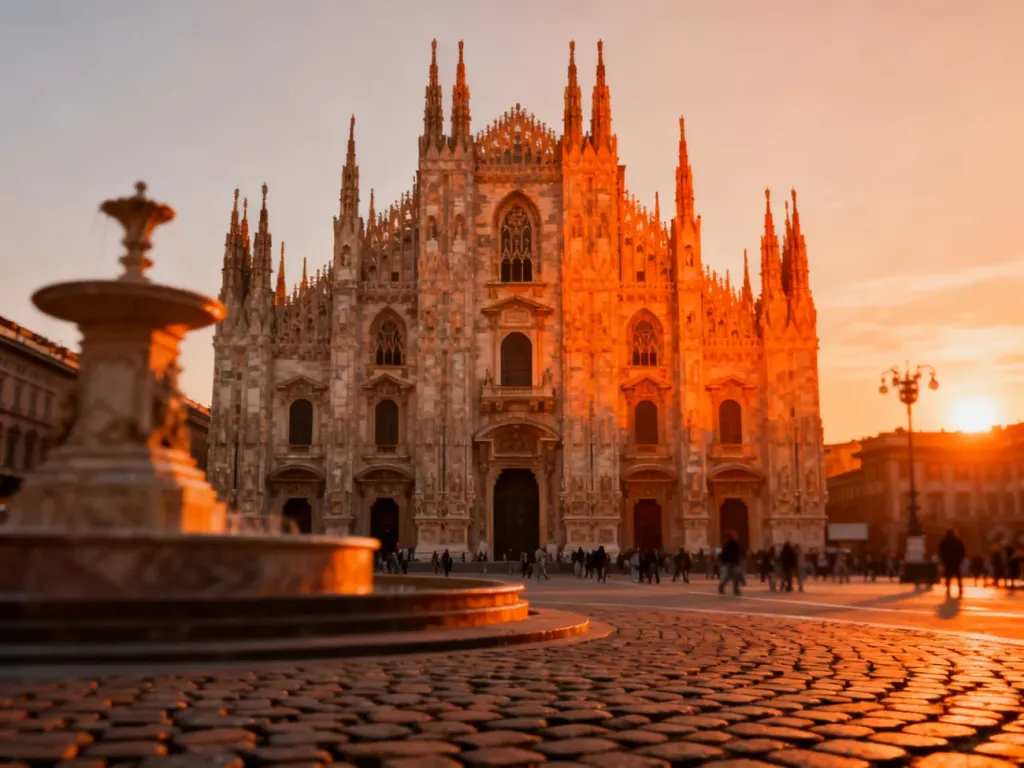Katedra Duomo w Mediolanie o zachodzie słońca, ukazująca detale gotyckiej architektury i plac przed świątynią.