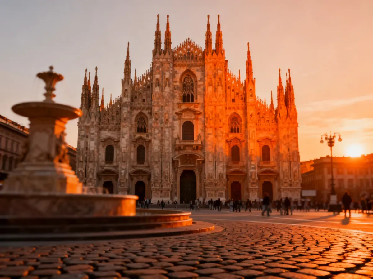 Katedra Duomo w Mediolanie o zachodzie słońca, ukazująca detale gotyckiej architektury i plac przed świątynią.