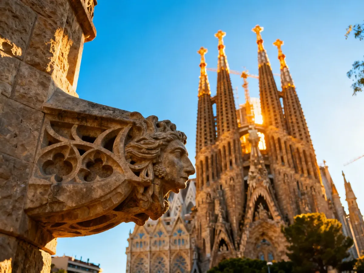 Majestatyczne wieże bazyliki Sagrada Familia w Barcelonie na tle bezchmurnego, błękitnego nieba.