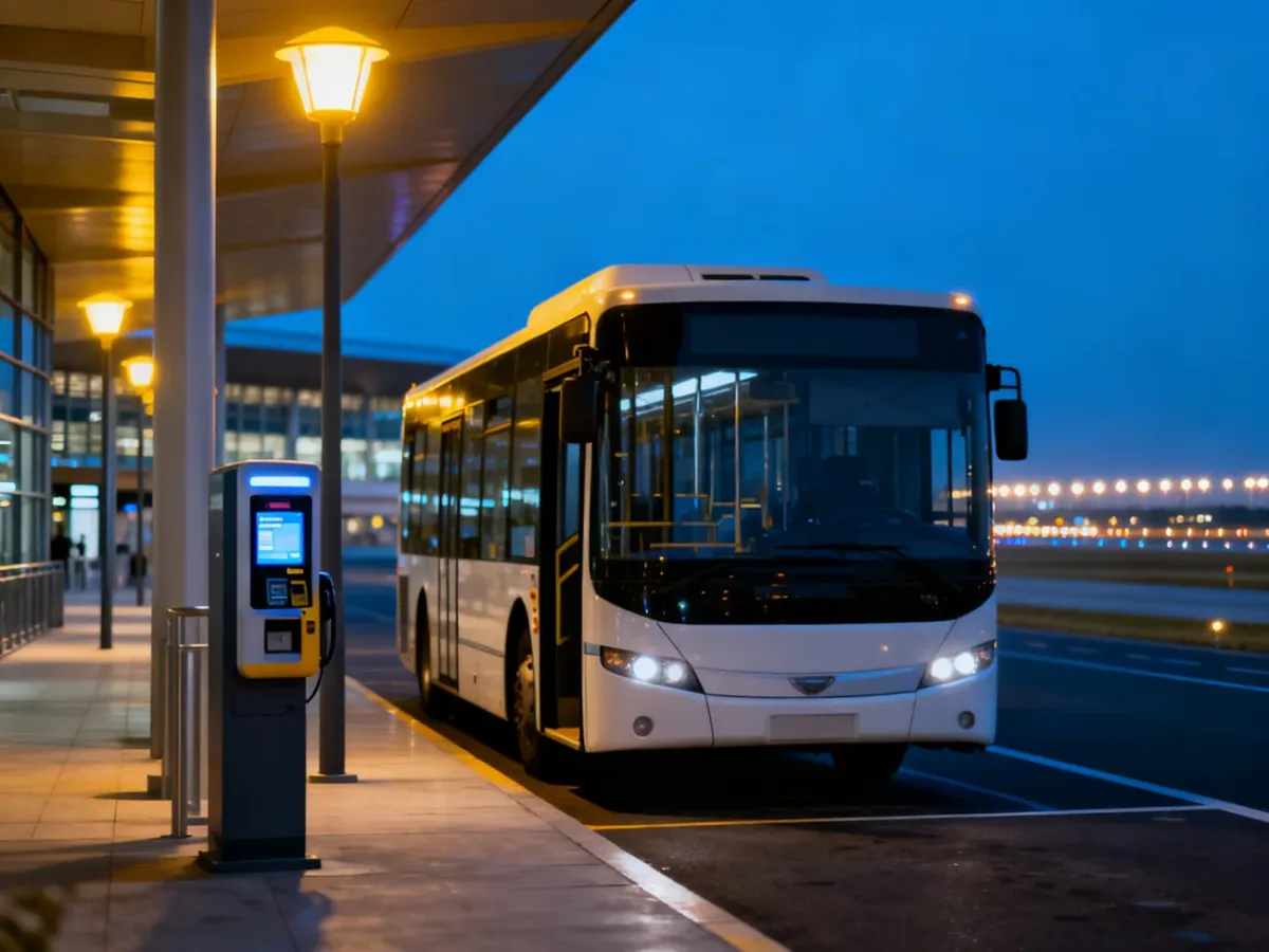 Nowoczesny autobus lotniskowy zaparkowany przy terminalu z automatem biletowym w tle.
