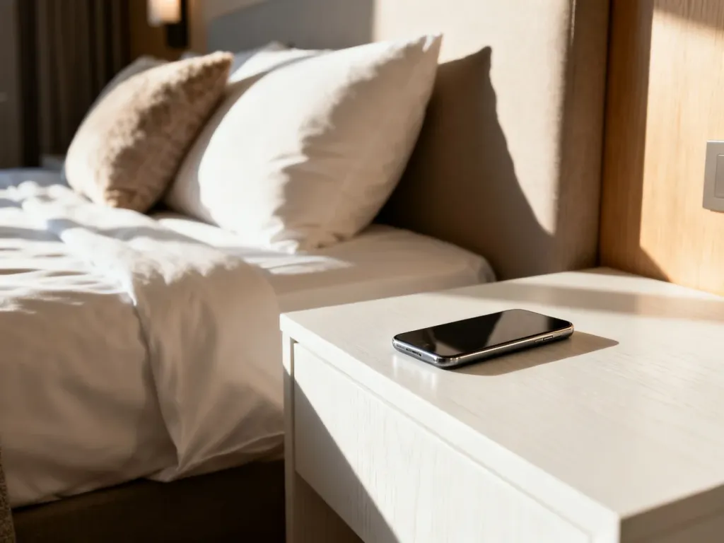 Smartfon z otwartą aplikacją do rezerwacji noclegów na stoliku nocnym w przytulnym, nowoczesnym pokoju hotelowym.