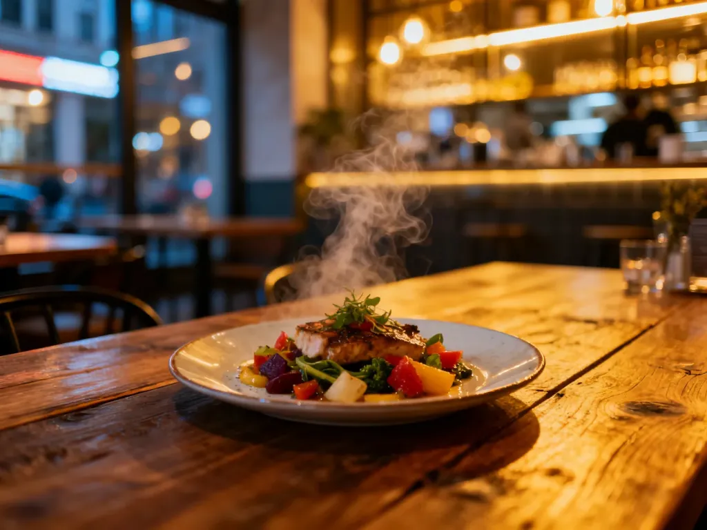 Elegancko podane danie na drewnianym stole w przytulnym, klimatycznym bistro wieczorową porą.