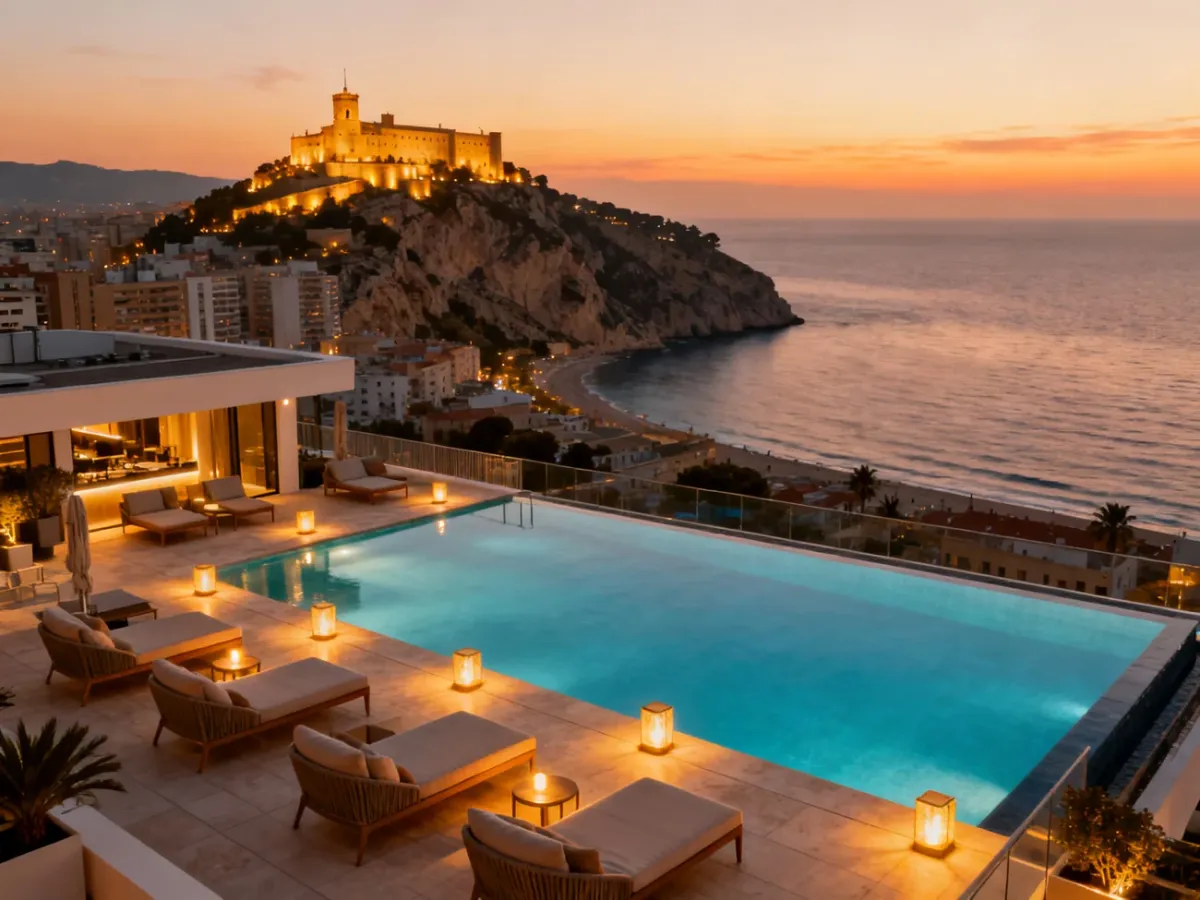 Luksusowy taras hotelowy z basenem typu infinity i widokiem na zachód słońca nad Alicante oraz oświetlony zamek Santa Barbara.
