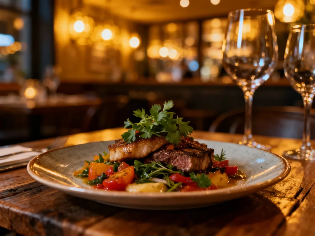 Elegancko podane danie w przytulnej restauracji, podkreślające kulinarny klimat miasta.